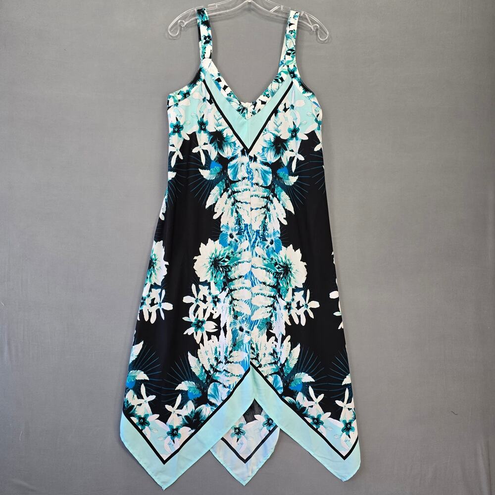 New York Co Blue Dress Stretch Floral V-Neck Sleeveless Asymmetrical Women's M